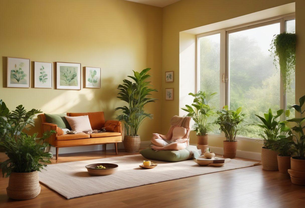 An inviting scene of a peaceful home environment showcasing various simple wellness methods, such as a person meditating in a sunlit room, plants, herbal tea, and a cozy reading nook. Soft colors create a soothing atmosphere, emphasizing accessibility and calmness. Include elements that symbolize easy wellness strategies, like yoga mats, healthy snacks, and smiley faces. Illustration style with warm tones and gentle textures. vibrant colors. digital painting.