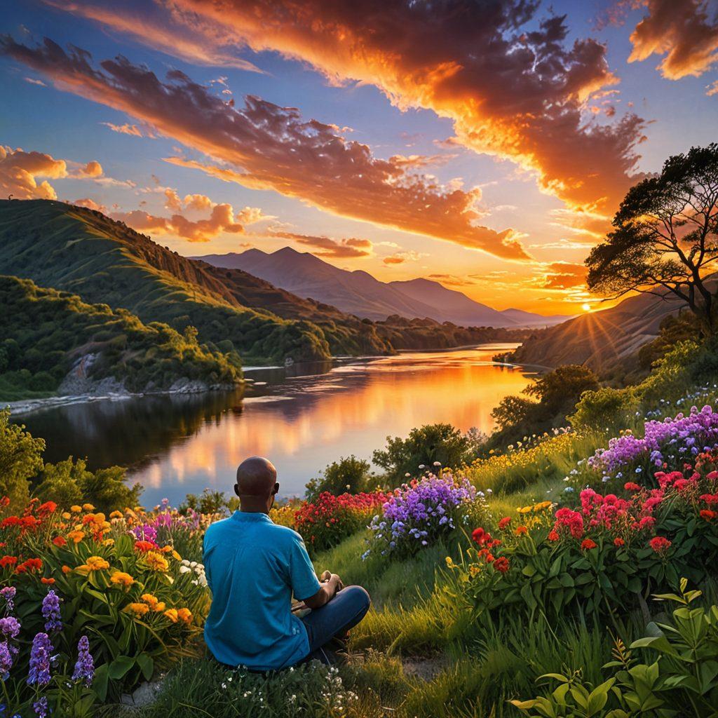 A serene landscape depicting a person sitting peacefully on a hillside overlooking a sunset, with soft clouds transforming into lightbulbs symbolizing ideas. In the foreground, vibrant flowers represent hope and solutions, while gentle waves of a river symbolize emotion. Include a calm atmosphere filled with warm, inviting colors. super-realistic. vibrant colors. tranquil background.