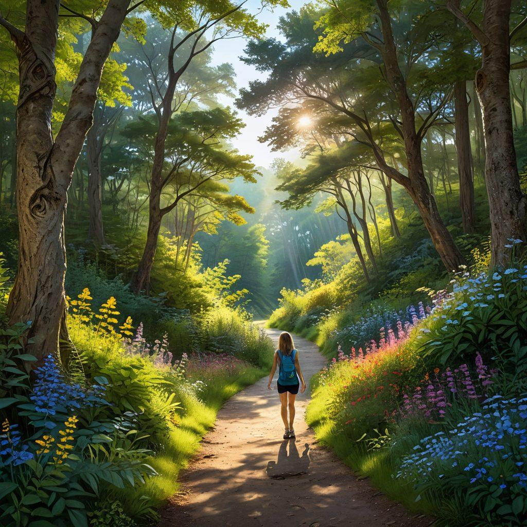 A serene landscape featuring a winding path through a lush forest, symbolizing an uplifting journey. Soft rays of sunlight filter through the leaves, creating a warm and hopeful atmosphere. In the foreground, a person with a gentle smile is standing at the beginning of the path, looking towards the horizon filled with colorful wildflowers. The overall mood is peaceful and encouraging, inviting viewers to embrace change and positivity. vibrant colors. super-realistic.